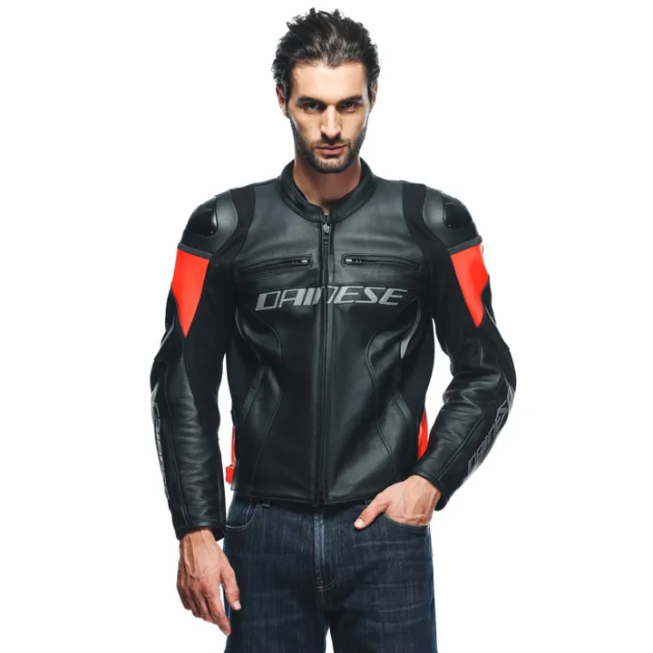 Veste en cuir Racing 4 noir-fluo rouge